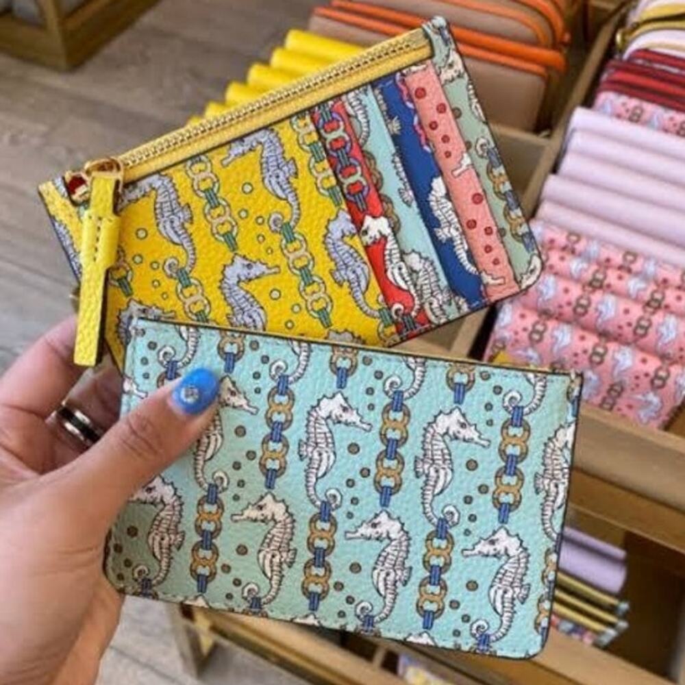 Tory Burch Multi-Color Seahorse Perry Printed Top Zip Card Case Wallet